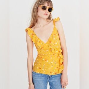NWT-  Madewell Painted‎ Carnations Silk Wrap Top Yellow Floral Print Sz: 0